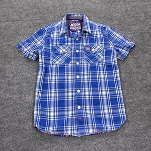 Superdry Button Down Shirt Mens Small Blue White Plaid Short Sleeve
